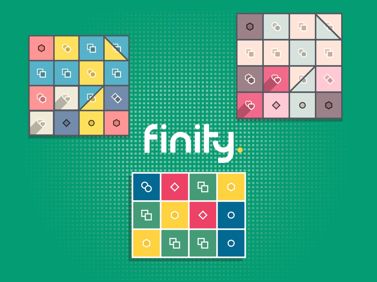 finity. title card showing three multi-colored grids