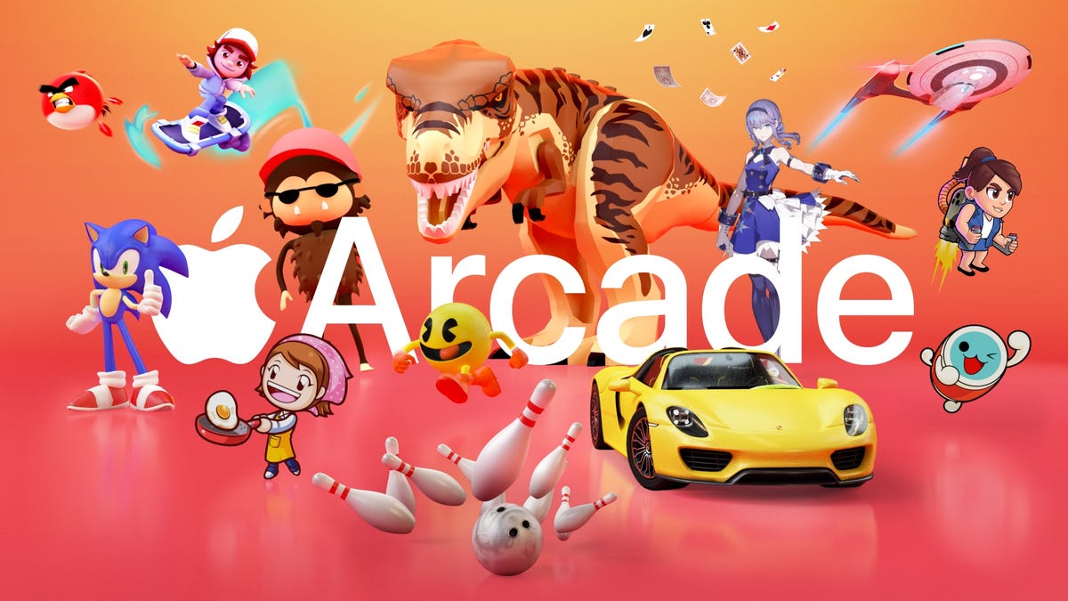 Apple Arcade logo surrounded by characters from games on the service.