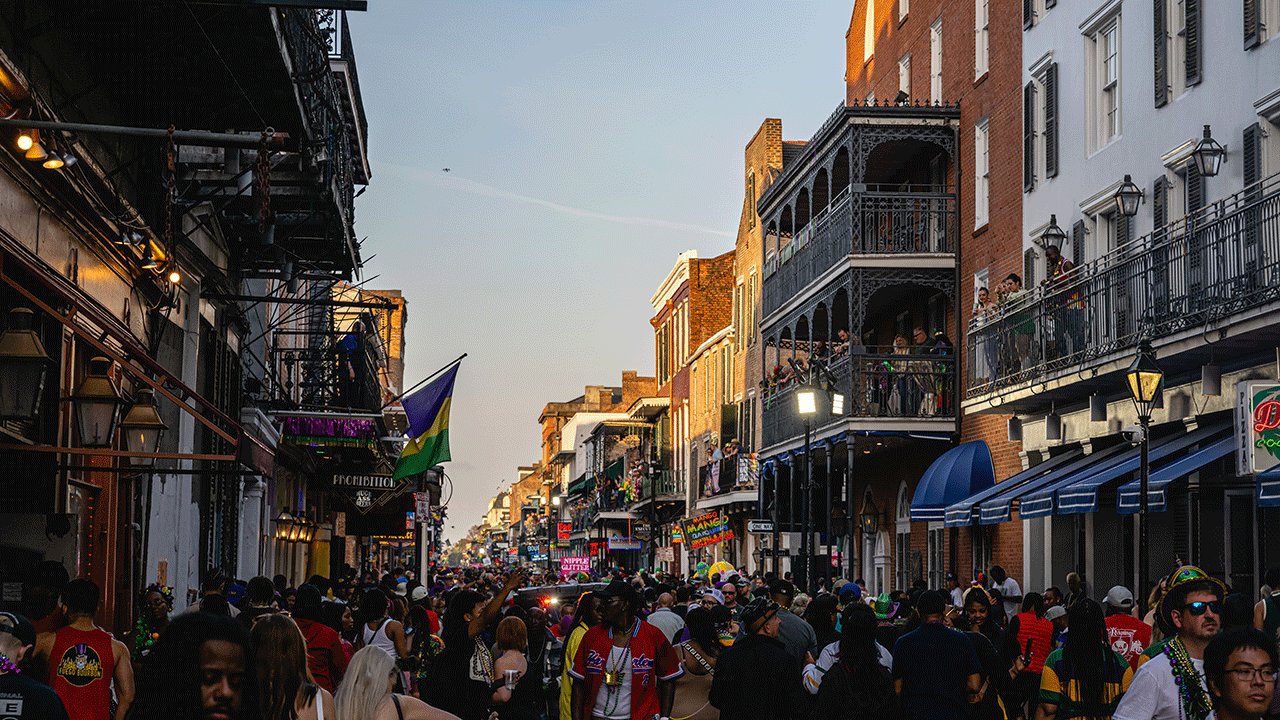 Bourbon Street in New Orleans during Mardi Gras