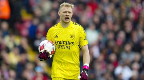 Arsenal's goalkeeper Aaron Ramsdale reacts during the English Premier League soccer match between Liverpool and Arsenal at Anfield in Liverpool, England, Sunday, April 9, 2023. (AP Photo/Jon Super)
