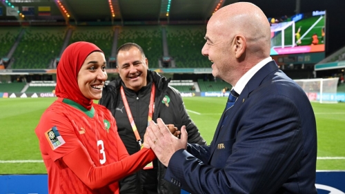 PERTH, AUSTRALIA - AUGUST 03: FIFA President Gianni Infantino with Nouhaila Benzina of Morocco (L) during the FIFA Women's World Cup Australia & New Zealand 2023 Group H match between Morocco and Colombia at Perth Rectangular Stadium on August 03, 2023 in Perth / Boorloo, Australia. (Photo by Harold Cunningham - FIFA/FIFA via Getty Images)