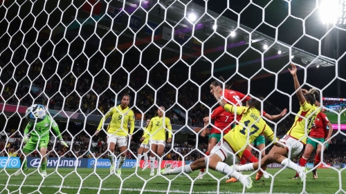 Morocco's midfielder #16 Anissa Lahmari scores her team's first goal during the Australia and New Zealand 2023 Women's World Cup Group H football match between Morocco and Colombia at Perth Rectangular Stadium in Perth on August 3, 2023. (Photo by Colin MURTY / AFP) (Photo by COLIN MURTY/AFP via Getty Images)