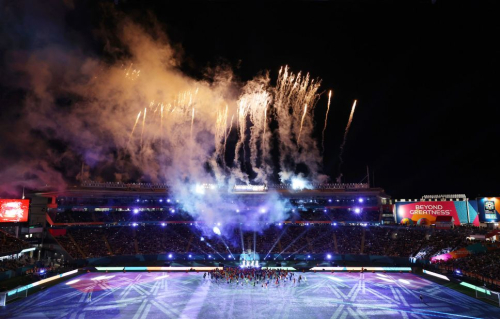 Fireworks explode during the tournament's opening ceremony, which was held before the New Zealand-Norway match.