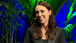 Amanda Davies speaks to former NZ Prime Minister Jacinda Ardern at the Equalize event in Auckland, New Zealand on August 14, 2023.