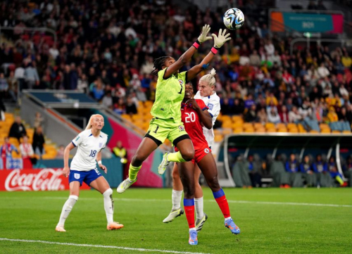 Haiti goalkeeper Kerly Theus jumps to make one of many impressive saves against England.