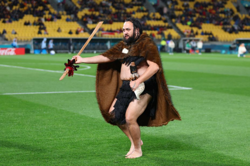 A Māori welcoming ceremony is held prior to the Spain-Costa Rica match.
