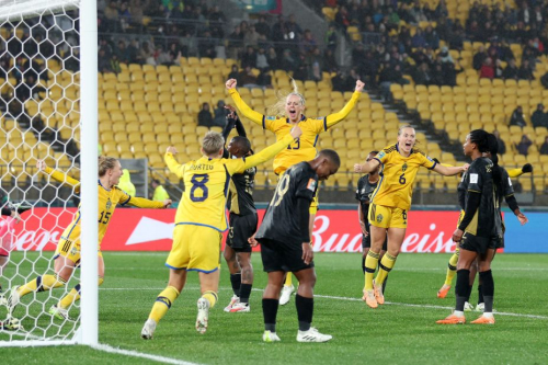 Sweden's Amanda Ilestedt celebrates after scoring a late winner against South Africa on July 23. Sweden won 2-1.