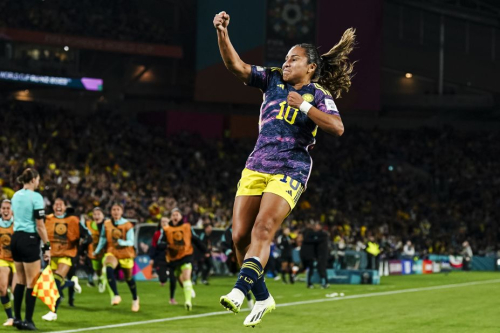 Colombia's Leicy Santos celebrates her goal.