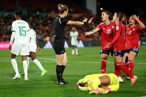 Costa Rican players appeal to referee Bouchra Karboubi before a VAR check on July 31. Zambia beat Costa Rica 3-1. It was Zambia's first-ever win at a Women's World Cup.