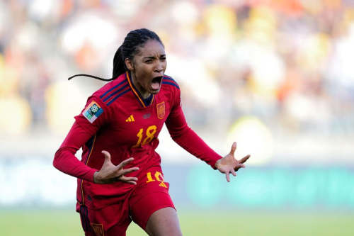 Spain's Salma Paralluelo celebrates after scoring her side's winning goal in extra time in the quarterfinal clash with the Netherlands.