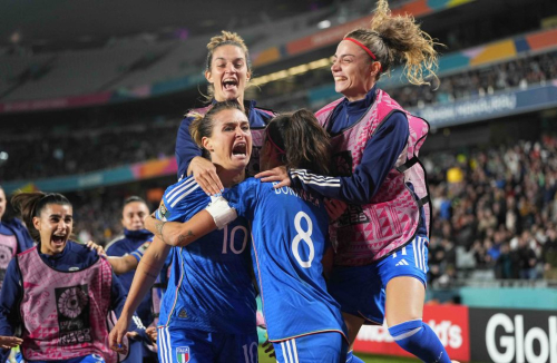 Italy's Cristiana Girelli celebrates after scoring a late winner against Argentina on July 24. Italy won 1-0.