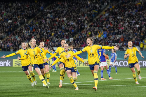 Sweden's Filippa Angeldal, second right, celebrates after putting her team 2-0 up against Japan after scoring from the penalty spot during the Women's World Cup quarterfinal match at Eden Park in Auckland, New Zealand, Friday, August 11, 2023. 