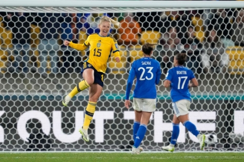 Sweden's Rebecka Blomqvist celebrates after scoring her side's fifth goal against Italy.