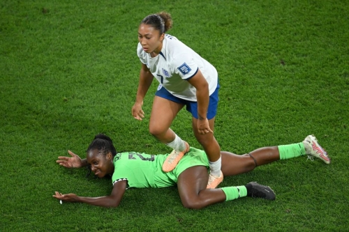 England's Lauren James steps on Michelle Alozie of Nigeria and receives a red card in the last-16 tie in Brisbane, Australia. 