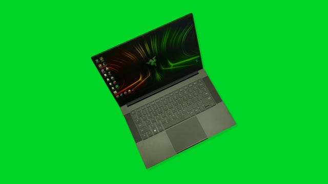 Razer Blade 14 2021 open, angled to the right and viewed from above