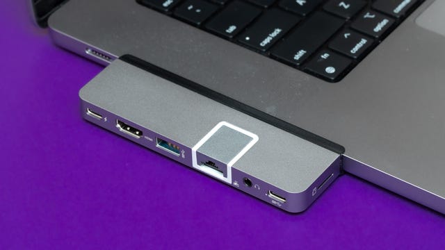 Hyperdrive Duo Pro 7-in-2 USB-C Hub plugged into the side of a MacBook Pro