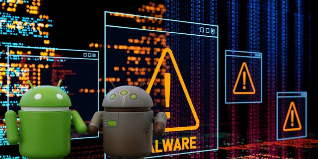 Little Android robots with malware warnings and data on a screen behind them