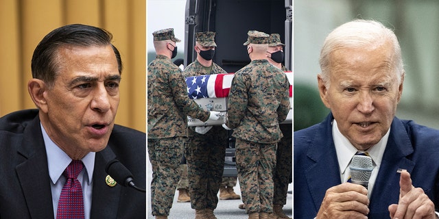 Issa, flag-draped casket and Biden split image