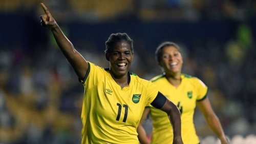 Jamaica's Khadija Shaw celebrates after scoring against Mexico during their 2022 Concacaf Women's Championship football match, at the Universitario stadium in Monterrey, Nuevo Leon State, Mexico on July 4, 2022. (Photo by ALFREDO ESTRELLA / AFP) (Photo by ALFREDO ESTRELLA/AFP via Getty Images)