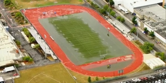 flooded LA school football field