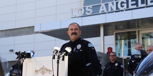 LAPD Officials Traffic hold a press conference outside LAPD HQ