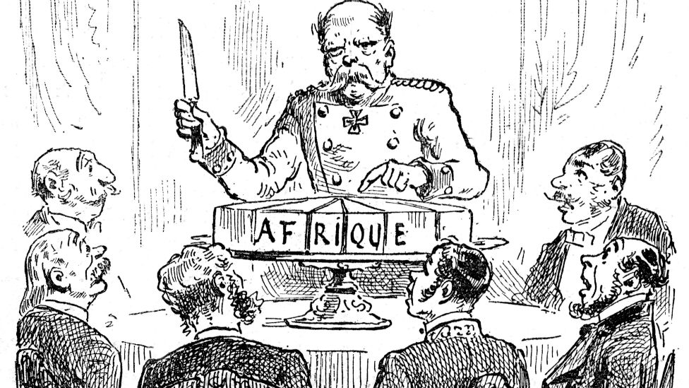 French commentary on the Berlin Conference of 1884-1885: Otto von Bismarck, then Chancellor or Germany, is portrayed here wielding a knife over a sliced-up cake, labelled "Africa". His fellow delegates around the table look on in awe.