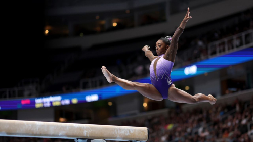 Simone Biles competes in the balance beam at the US Gymnastics championships. 