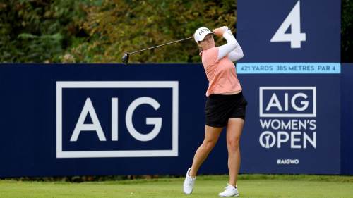 TADWORTH, ENGLAND - AUGUST 11: Ally Ewing of the United States plays her tee shot on the 4th hole on Day Two of the AIG Women's Open at Walton Heath Golf Club on August 11, 2023 in Tadworth, England. (Photo by Andrew Redington/Getty Images)