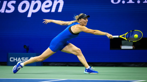 Caroline Wozniacki of Denmark in action against Petra Kvitova of the Czech Republic in the women's singles second round on Day 3 of the US Open at USTA Billie Jean King National Tennis Center on August 30, 2023 in New York City.