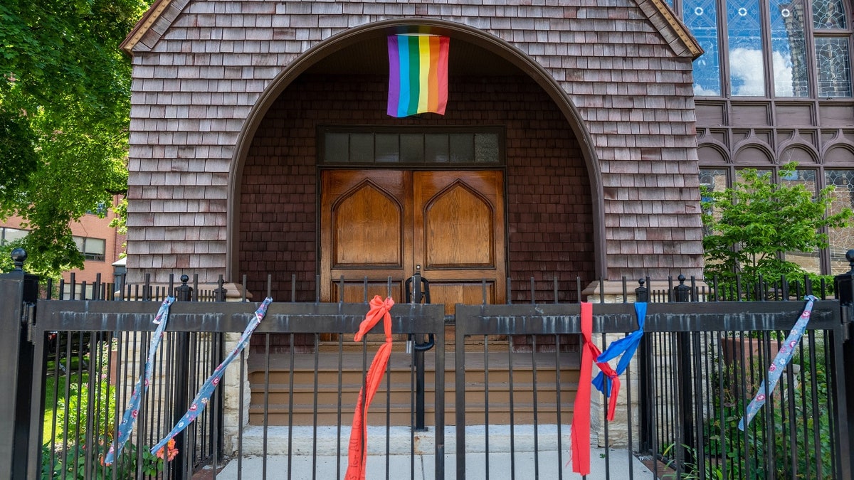 LGBT flag outside Presbyterian church in Chicago