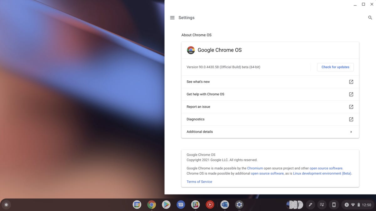 The About ChromeOS page