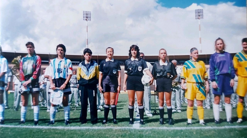 Claudia Vasconcelos lining up with the teams before Argentina vs. Australia in 1995.