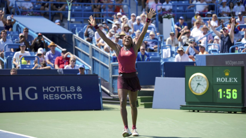 Coco Gauff, of the United States, celebrates match point against Karolina Muchova, of the Czech Republic, during the women's singles final of the Western & Southern Open tennis tournament, Sunday, Aug. 20, 2023, in Mason, Ohio. (AP Photo/Aaron Doster)
