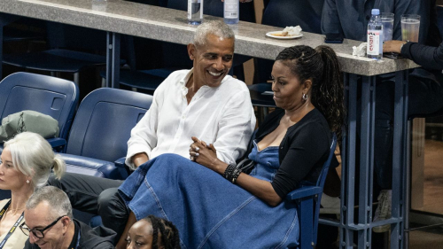 NEW YORK, UNITED STATES - AUGUST 28: Barack Obama, Former President of the USA and Michelle Obama attend match between Coco Gauff of USA and Laura Siegemund of Germany at US Open Championships at Billie Jean King Tennis Center in New York on August 28, 2023. (Photo by Lev Radin/Anadolu Agency via Getty Images)