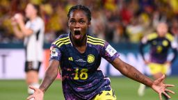 TOPSHOT - Colombia's forward #18 Linda Caicedo celebrates scoring her team's first goal during the Australia and New Zealand 2023 Women's World Cup Group H football match between Germany and Colombia at Sydney Football Stadium in Sydney on July 30, 2023. (Photo by FRANCK FIFE / AFP) (Photo by FRANCK FIFE/AFP via Getty Images)