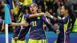 Soccer Football - FIFA Women's World Cup Australia and New Zealand 2023 - Round of 16 - Colombia v Jamaica - Melbourne Rectangular Stadium, Melbourne, Australia - August 8, 2023 Colombia's Catalina Usme celebrates scoring their first goal with Lorena Bedoya Durango REUTERS/Hannah Mckay