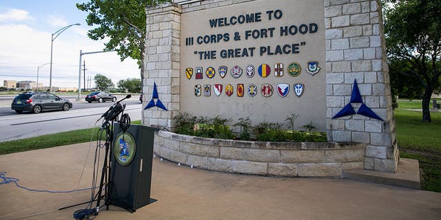 Fort Cavazos main gate with old Fort Hood signage