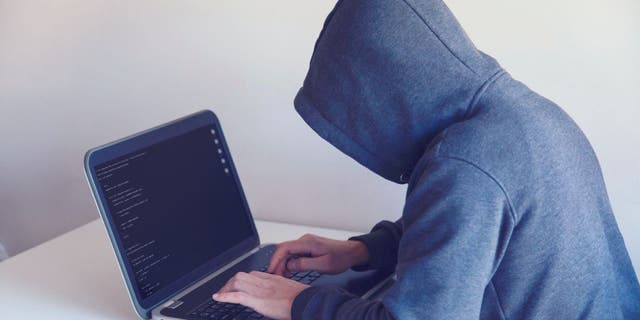 Stock image shows nefarious man typing on laptop computer