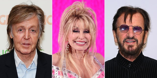 Paul McCartney in a black suit on the carpet split Dolly Parton in a pink bejeweled bustier top split Ringo Starr in lopsided shades and a black turtleneck