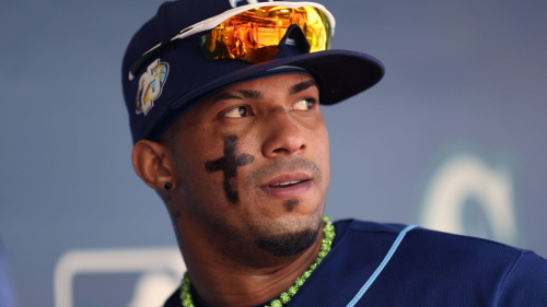 SEATTLE, WASHINGTON - JULY 02: Wander Franco #5 of the Tampa Bay Rays looks on against the Seattle Mariners at T-Mobile Park on July 02, 2023 in Seattle, Washington. (Photo by Steph Chambers/Getty Images)