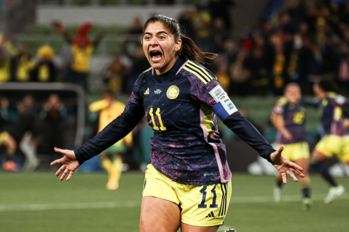Catalina Usme celebrates after scoring Colombia's goal against Jamaica.