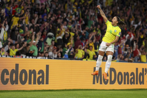 Brazil's Debinha celebrates her goal against France.