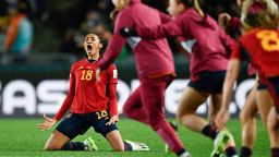 Spain's Salma Paralluelo celebrates as her teammates run onto the pitch after defeating Sweden in the Women's World Cup semifinal soccer match at Eden Park in Auckland, New Zealand, Tuesday, Aug. 15, 2023. (AP Photo/Andrew Cornaga)