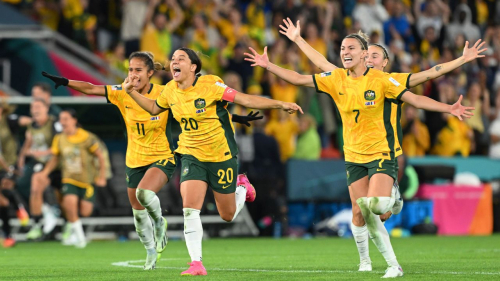 Australia players celebrate during the penalty shootout against France in the Women's World Cup quarterfinals.