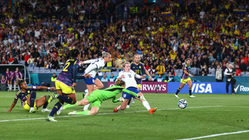 Lauren Hemp scores England's first goal against Colombia.