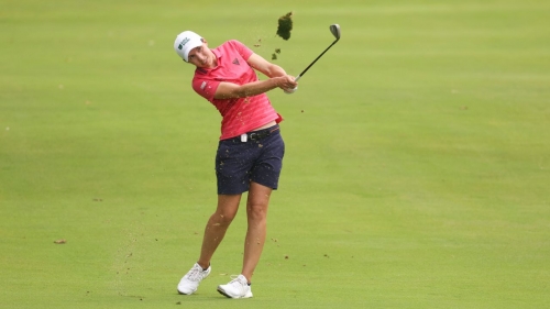 SPRINGFIELD, NEW JERSEY - JUNE 25: Carlota Ciganda of Spain hits from the 17th fairway during the final round of the KPMG Women's PGA Championship at Baltusrol Golf Club on June 25, 2023 in Springfield, New Jersey. (Photo by Christian Petersen/Getty Images)