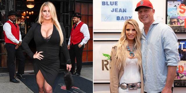 Split screen of Jessica Simpson before and after with husband Eric Johnson