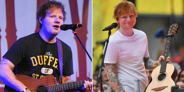 Split screen of Ed Sheeran before and after weight loss