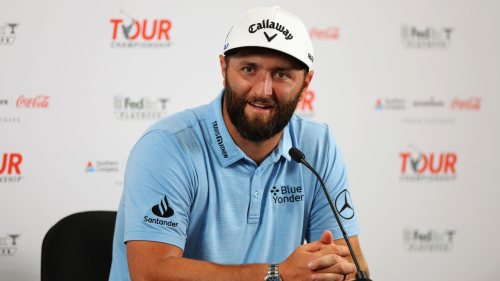 ATLANTA, GEORGIA - AUGUST 22: Jon Rahm of Spain speaks to the media prior to the TOUR Championship at East Lake Golf Club on August 22, 2023 in Atlanta, Georgia. (Photo by Kevin C. Cox/Getty Images)
