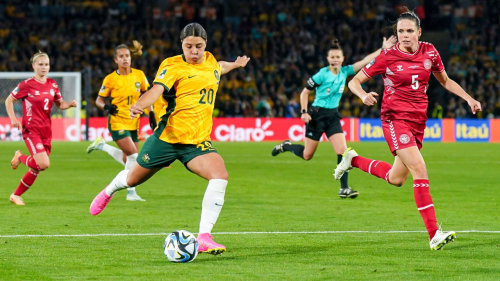 Sam Kerr takes the ball during a FIFA World Cup 2023 round of 16 match between Australia and Denmark at Stadium Australia on August 7.